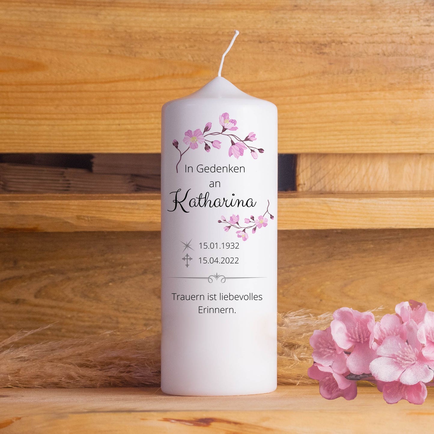 Trauerkerze Rosa Blumen | 15 - 30 cm Höhe | Personalisierte Kerze | Gedenkkerze