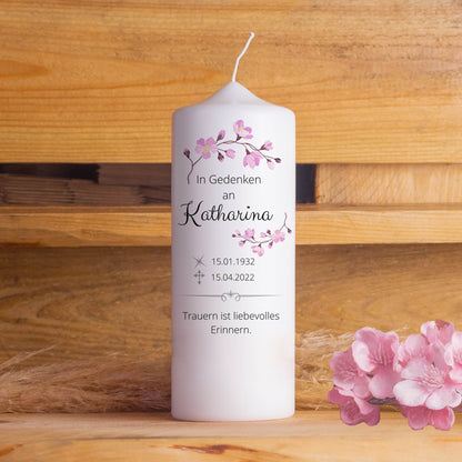 Trauerkerze Rosa Blumen | 15 - 30 cm Höhe | Personalisierte Kerze | Gedenkkerze