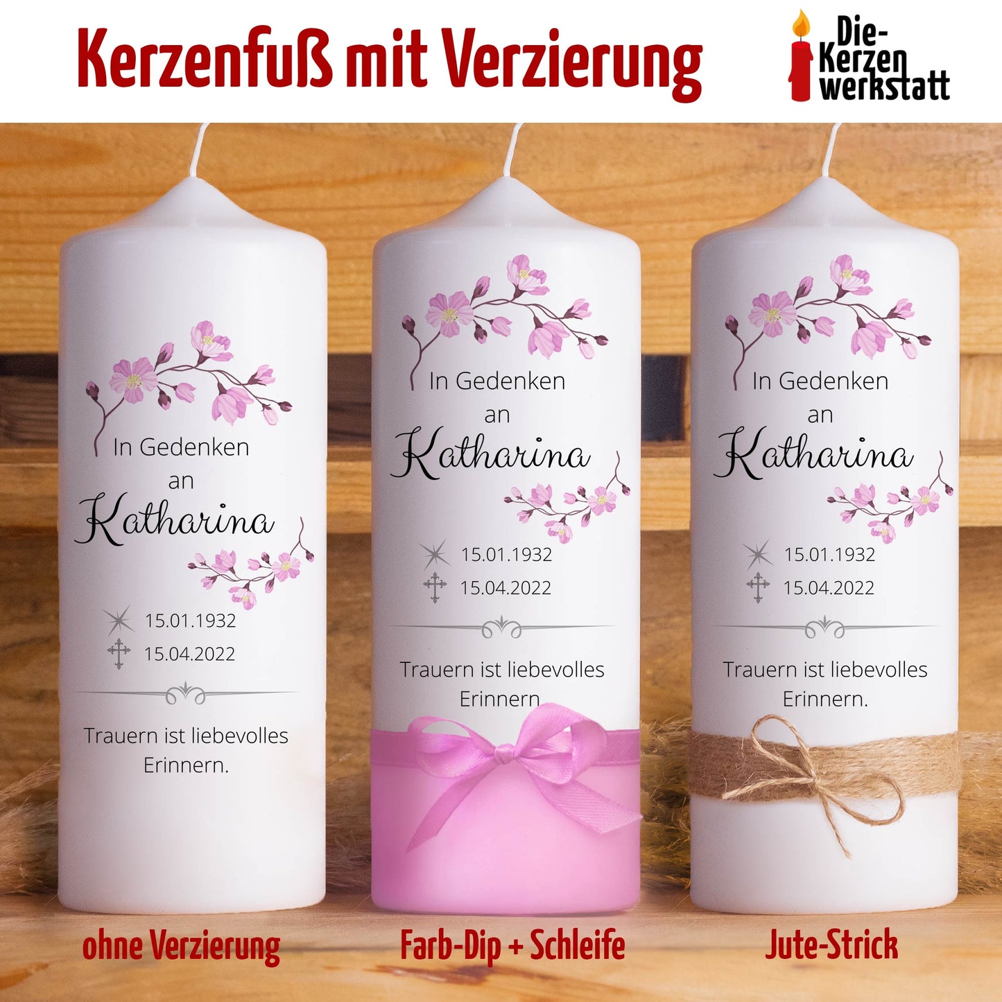 Trauerkerze Rosa Blumen | 15 - 30 cm Höhe | Personalisierte Kerze | Gedenkkerze