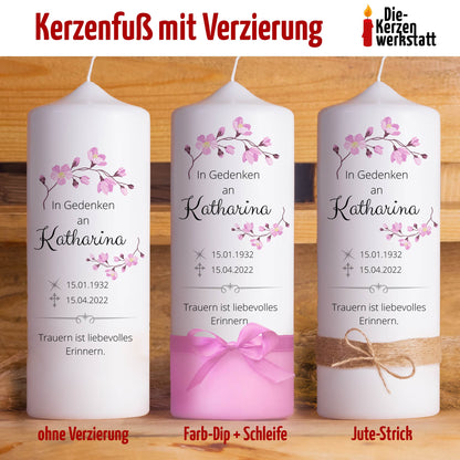 Trauerkerze Rosa Blumen | 15 - 30 cm Höhe | Personalisierte Kerze | Gedenkkerze