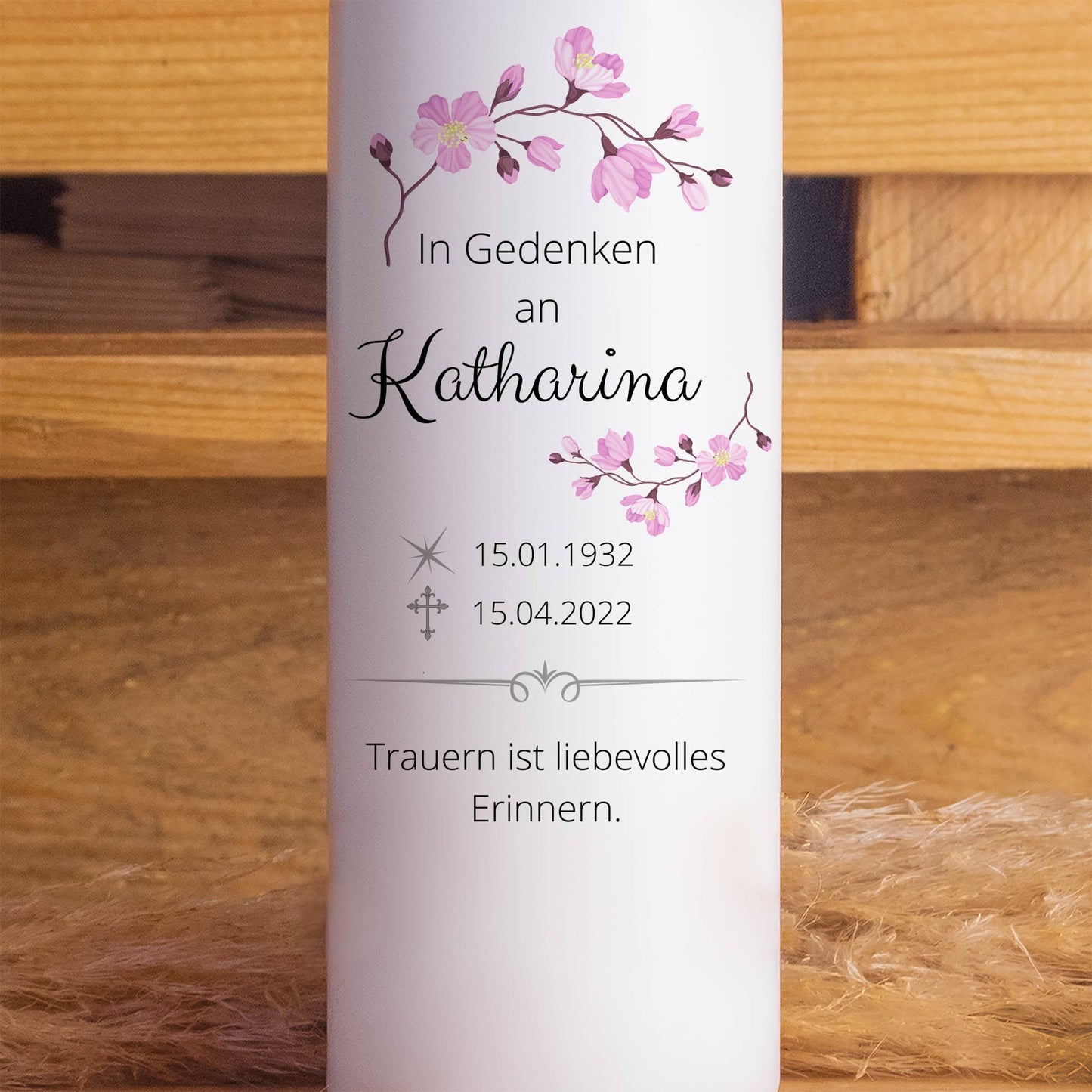 Trauerkerze Rosa Blumen | 15 - 30 cm Höhe | Personalisierte Kerze | Gedenkkerze