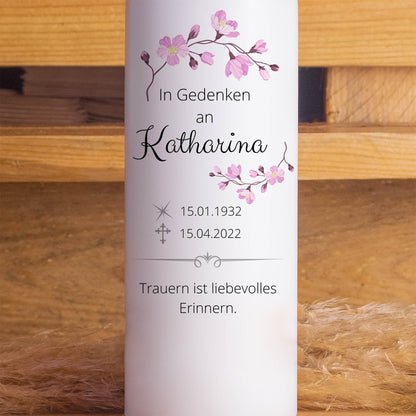 Trauerkerze Rosa Blumen | 15 - 30 cm Höhe | Personalisierte Kerze | Gedenkkerze