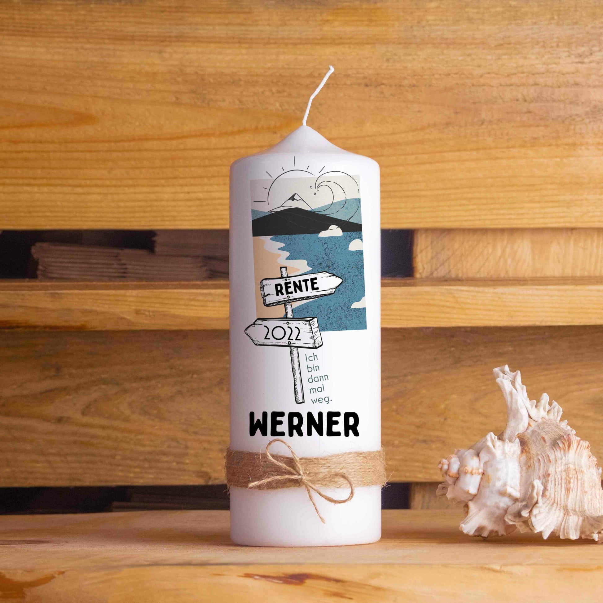 Ruhestandskerze personalisiert | Geschenk zur Rente mit Name & Jahr | 15–30 cm | Kerze „Ich bin dann mal weg“ – mit oder ohne Jutestrick