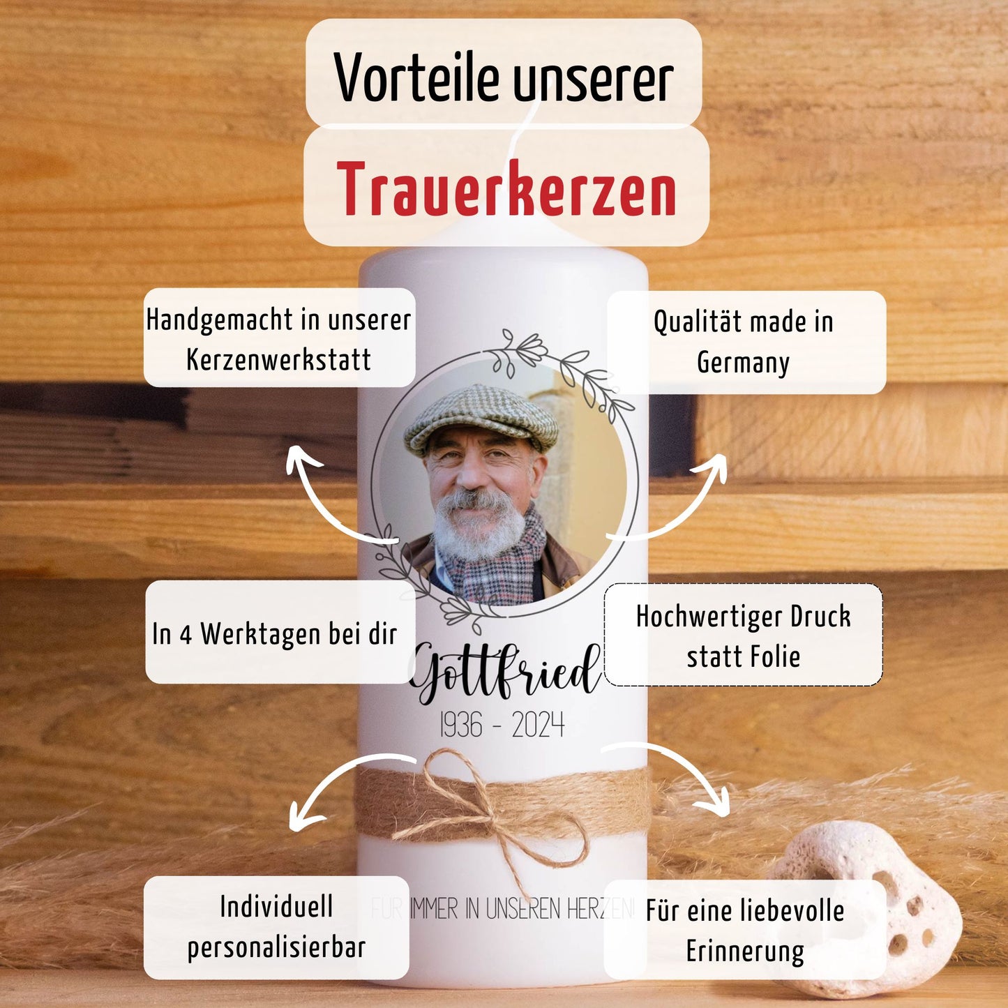 Trauerkerze mit Foto Rund | 15 - 30 cm Höhe | Personalisierte Kerze | Gedenkkerze | Erinnerungsstück | Trauerfeier