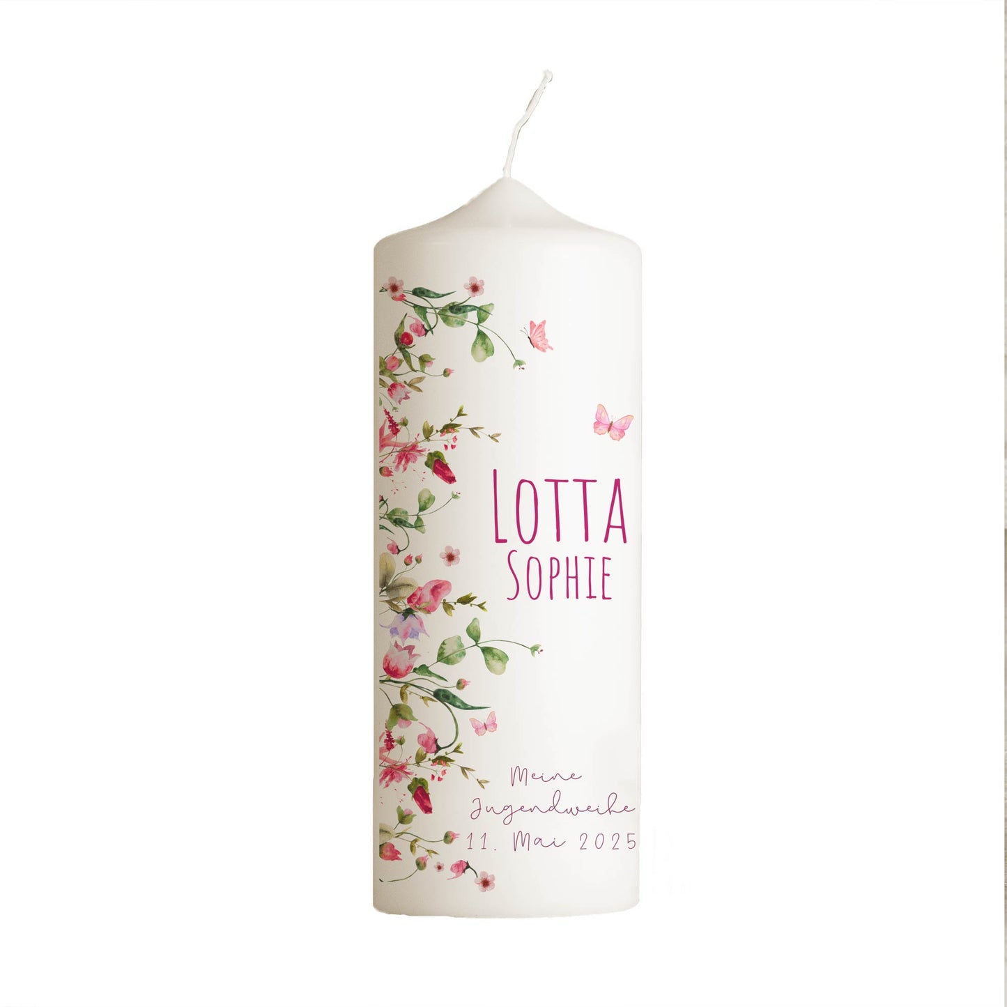 Jugendweihekerze "Schmetterlinge" | Personalisierte Kerze mit Name & Datum | Geschenk zur Jugendweihe | strahlt Leichtigkeit & Lebensfreude aus | 15–40 cm