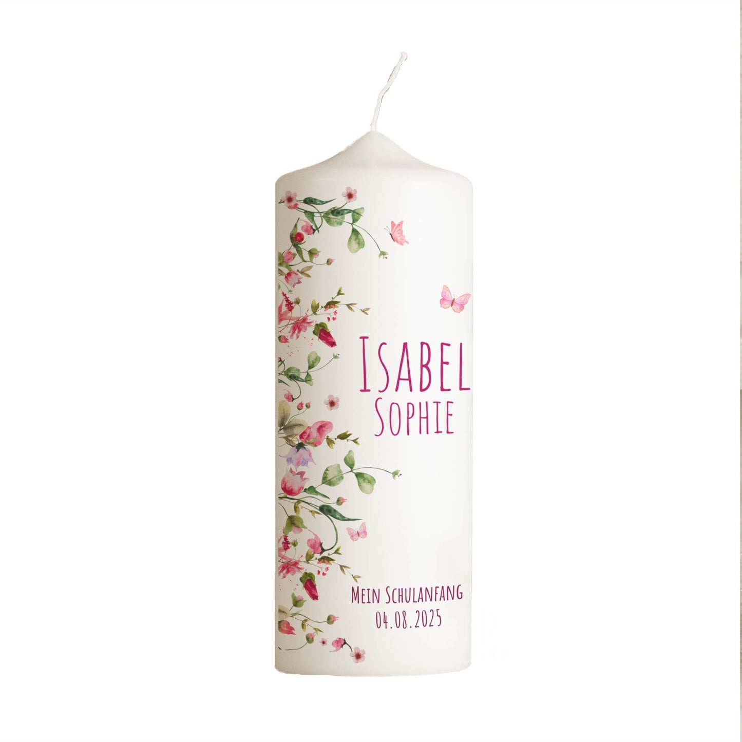 Schulanfangskerze Schmetterling | Personalisierte Kerze zur Einschulung | 15–30 cm | Florales Design mit Name & Datum