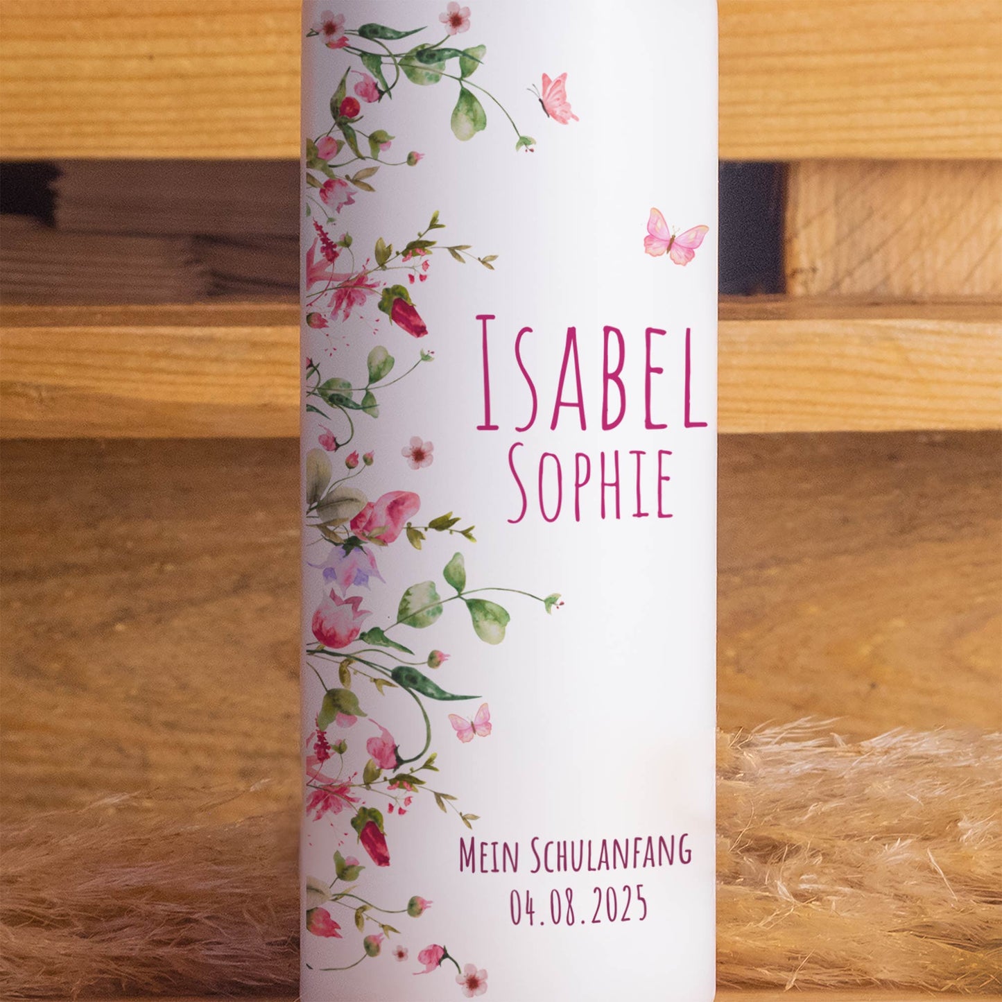 Schulanfangskerze Schmetterling | Personalisierte Kerze zur Einschulung | 15–30 cm | Florales Design mit Name & Datum