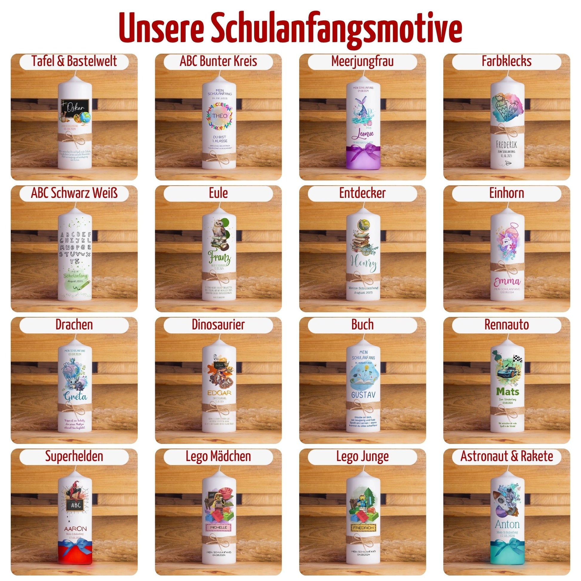 Schulanfangspaket mit personalisierter Kerze | Inkl. Holzuntersetzer, Lichthüllen & Streudeko | Handgemacht & individuell