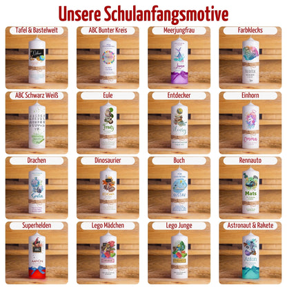 Schulanfangspaket mit personalisierter Kerze | Inkl. Holzuntersetzer, Lichthüllen & Streudeko | Handgemacht & individuell