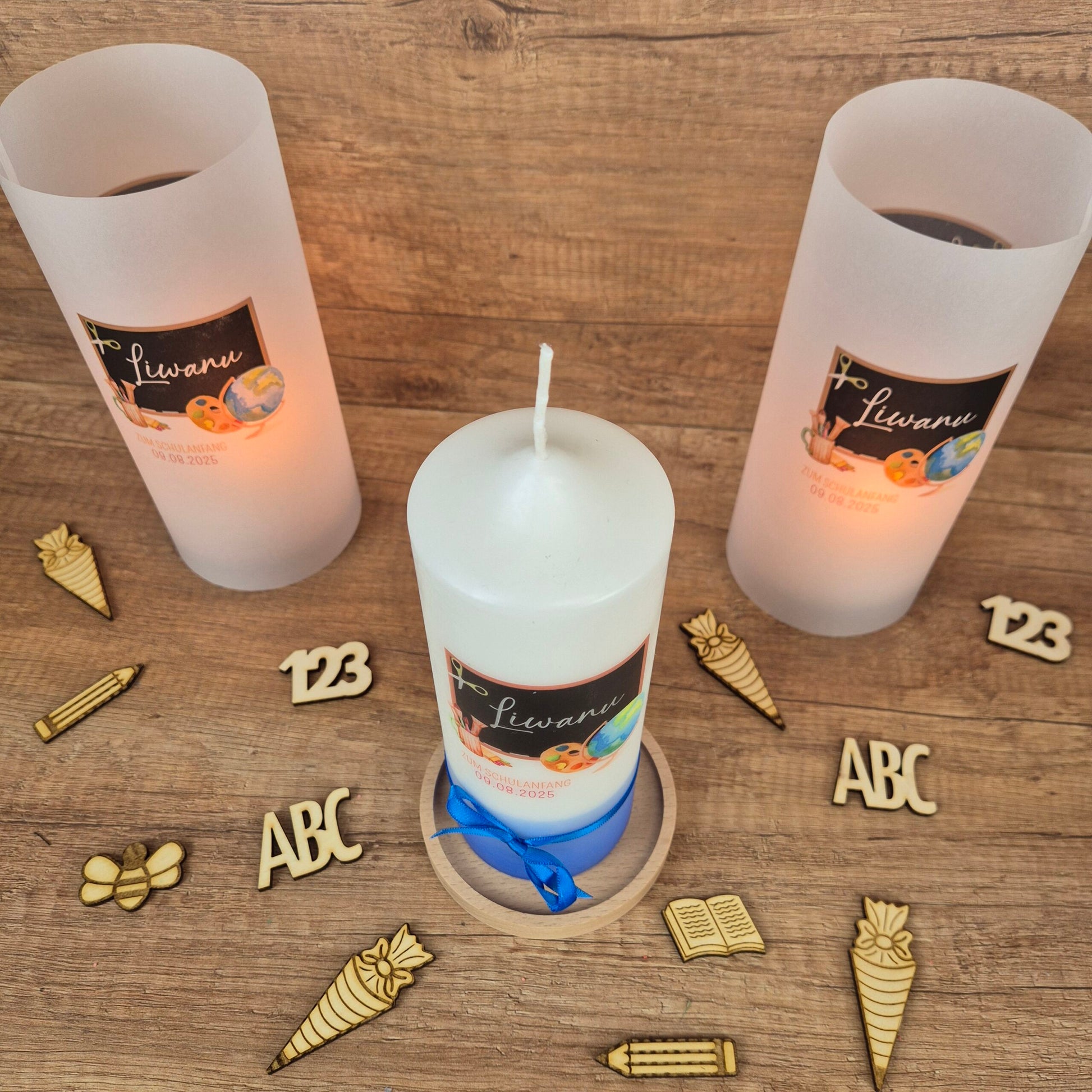 Streudeko Schulanfang | Deko-Set aus Holz für Kerzen & Geschenke