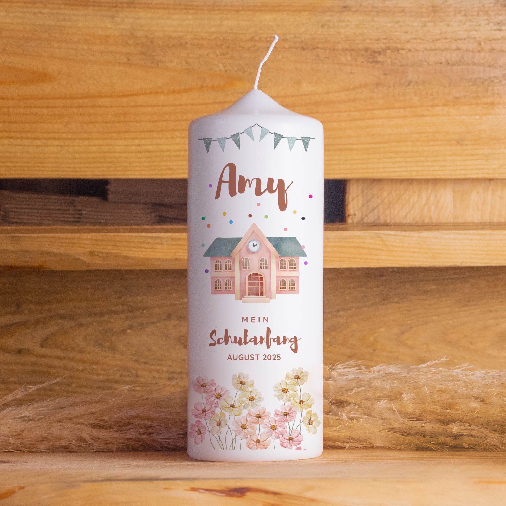 Schulanfangskerze Schule & Blumen | Personalisierte Kerze zur Einschulung | 15–30 cm | Mit Name & Datum