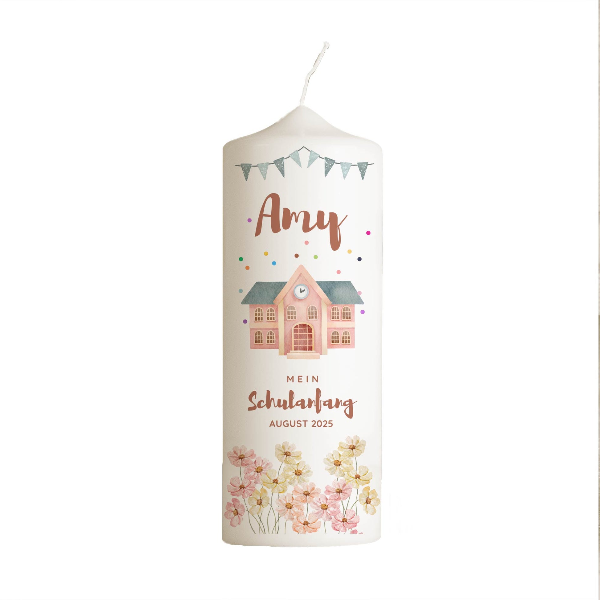 Schulanfangskerze Schule & Blumen | Personalisierte Kerze zur Einschulung | 15–30 cm | Mit Name & Datum