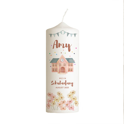 Schulanfangskerze Schule & Blumen | Personalisierte Kerze zur Einschulung | 15–30 cm | Mit Name & Datum