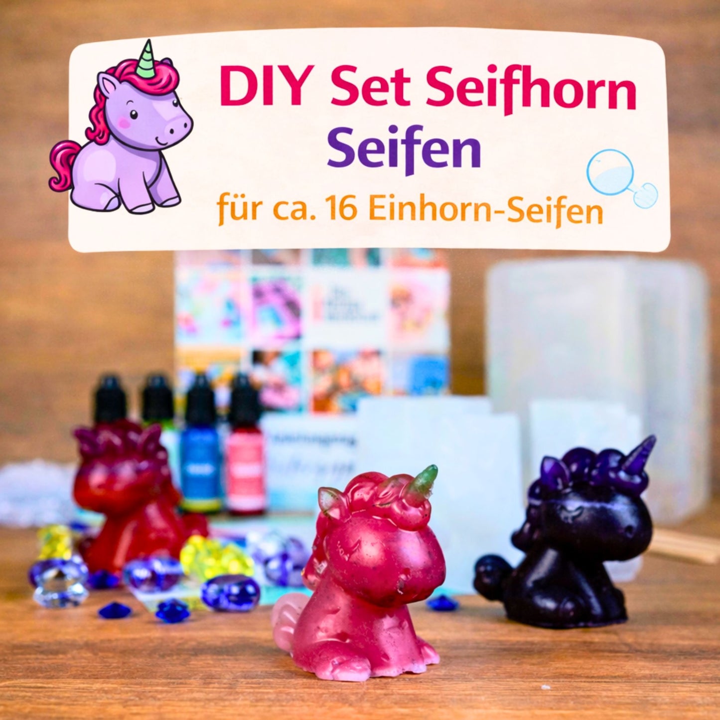 Seifhorn DIY Seifen Set – Einhorn Seifen selber machen | Glycerinseife, Farben & Diamanten | Bastelset für Kinder
