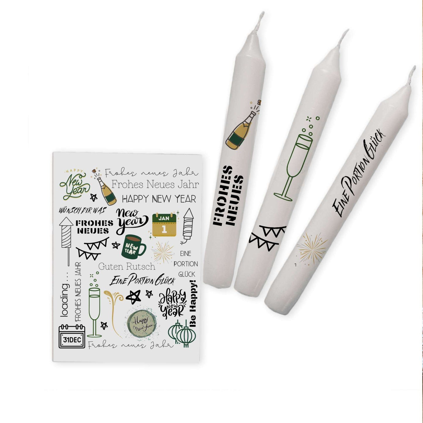 Kerzentattoos Silvester-Grün | Kerzenfolie | Bastelset für Kerzen Thema "Neujahr" | Geschenk | Basteln | Kerzensticker
