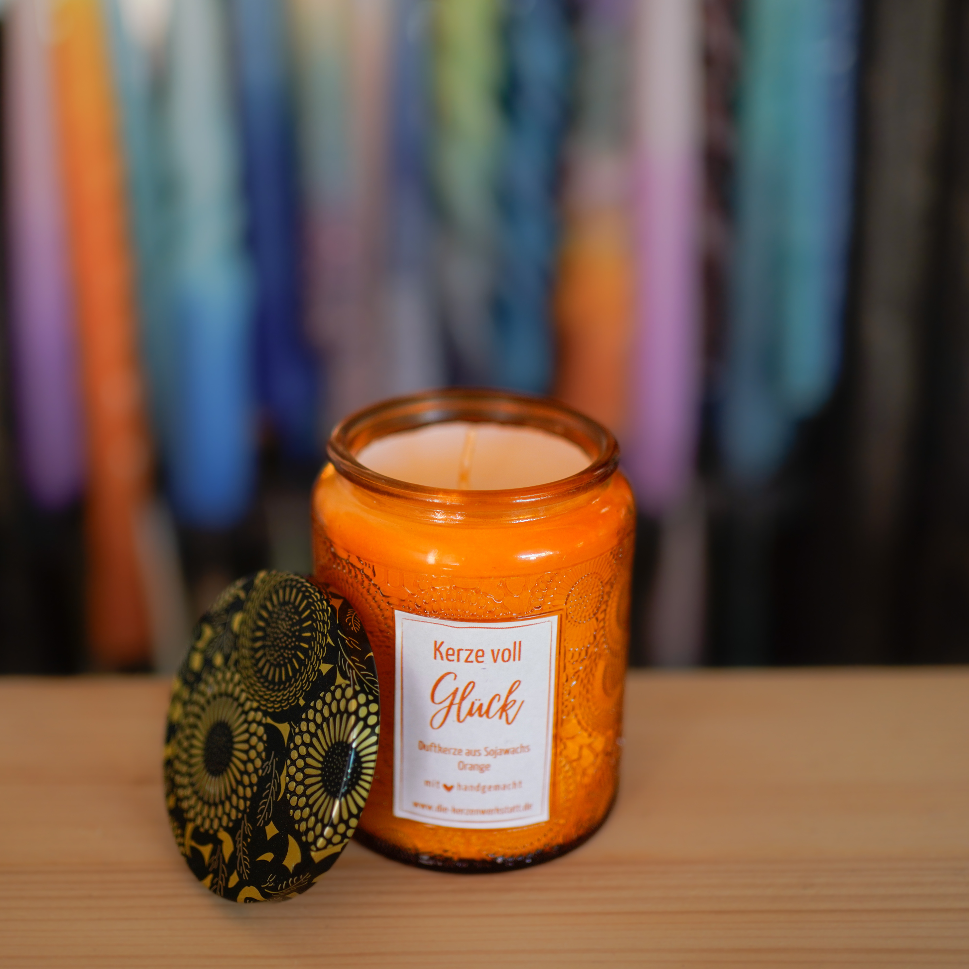 Sojakerze Orange Duft und schöner Deckel