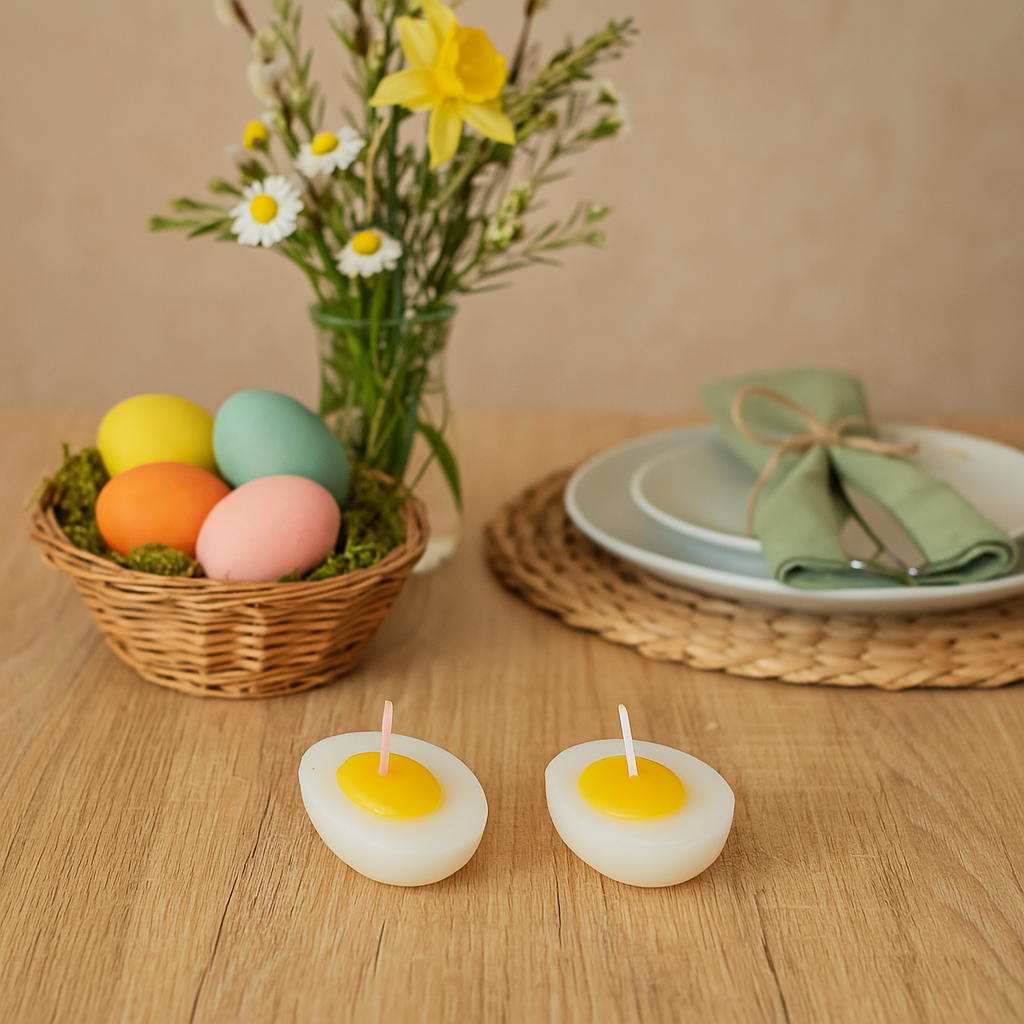 Spiegelei-Kerzen 2er Set | Lustige Osterkerzen im Ei-Look | Wachs-Deko für Ostertisch
