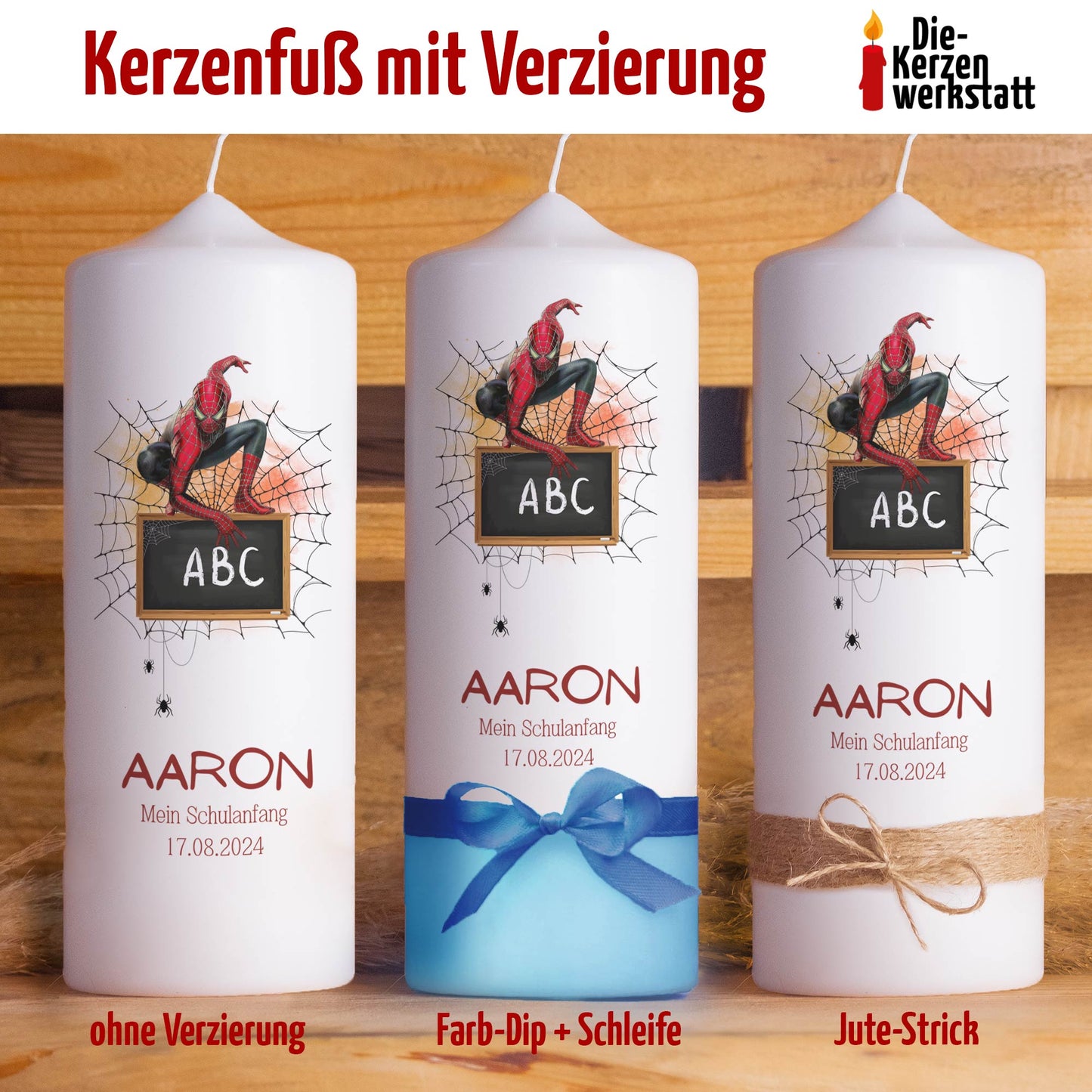 Superhelden Kerze | Personalisierte Schulanfangskerze mit Netzdesign | 15–30 cm | Mit Name & Datum