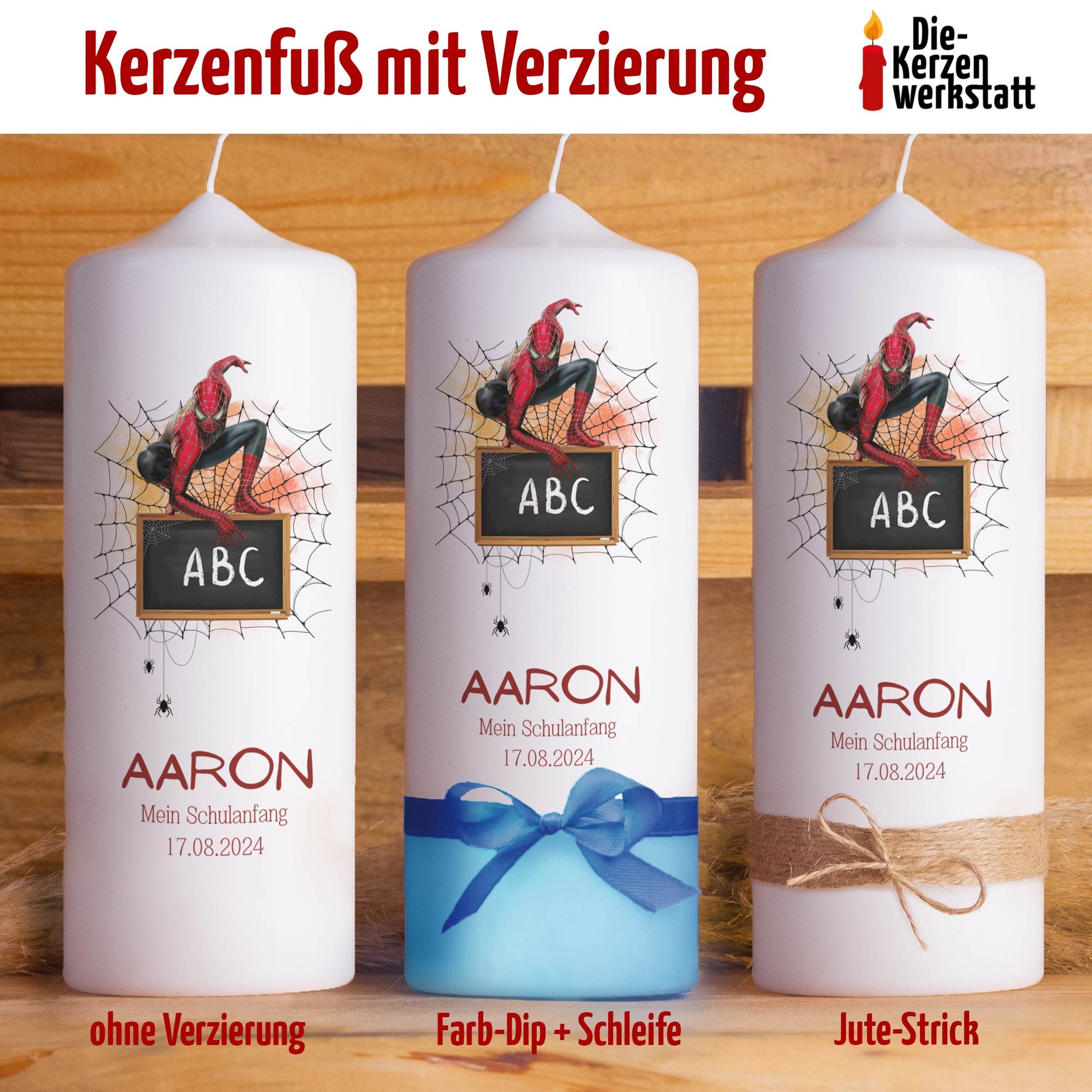 Superhelden Kerze | Personalisierte Schulanfangskerze mit Netzdesign | 15–30 cm | Mit Name & Datum