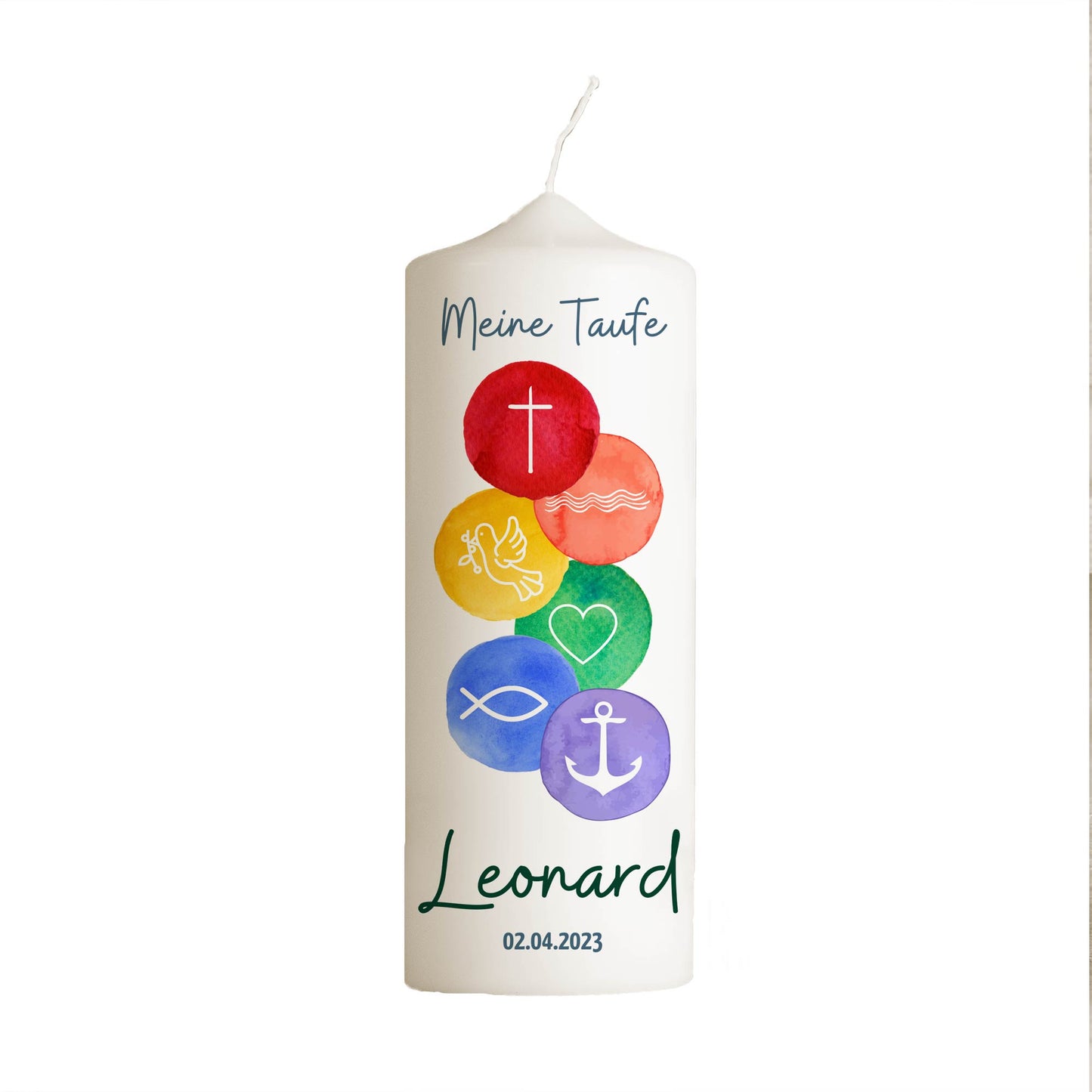 Taufkerze | 6 Symbole bunt | 15 - 30 cm Höhe | Personalisierte Kerze | Evangelisch | Katholisch | Jungen + Mädchen | Geschenk Taufe
