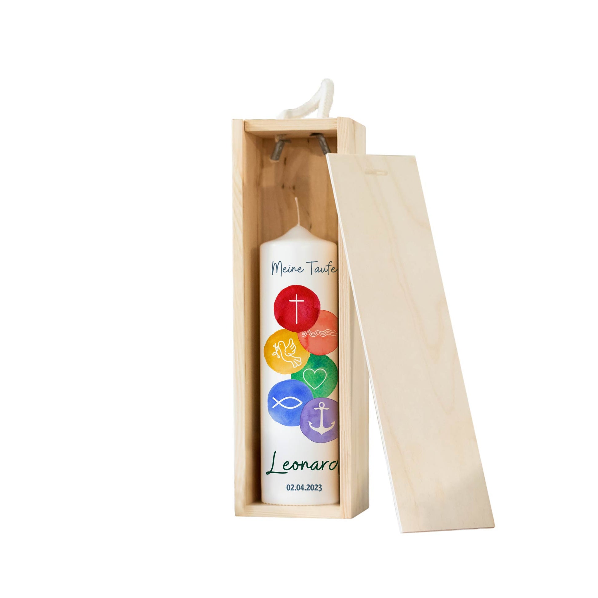 Taufkerze | 6 Symbole bunt | 15 - 30 cm Höhe | Personalisierte Kerze | Evangelisch | Katholisch | Jungen + Mädchen | Geschenk Taufe