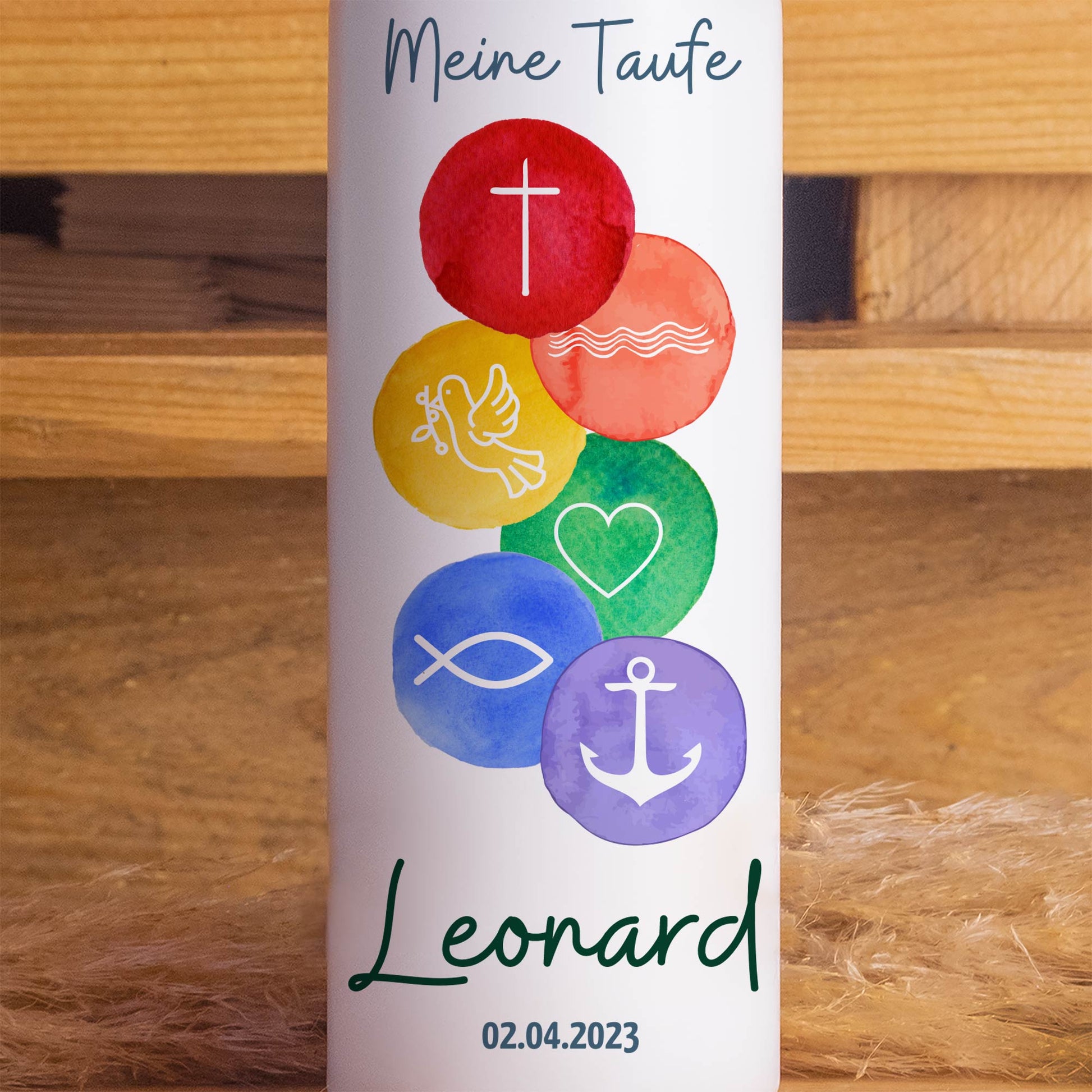 Taufkerze | 6 Symbole bunt | 15 - 30 cm Höhe | Personalisierte Kerze | Evangelisch | Katholisch | Jungen + Mädchen | Geschenk Taufe