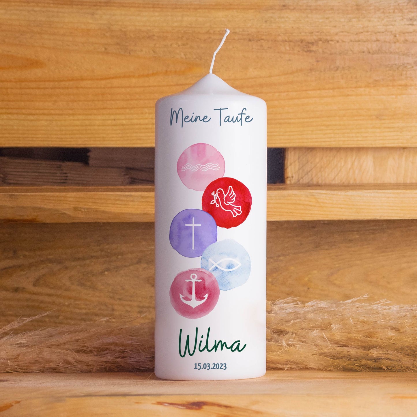 Taufkerzenpaket mit personalisierter Taufkerze, Kerzenuntersetzer, Holzbox,  Patenkerzen, Lichthüllen
