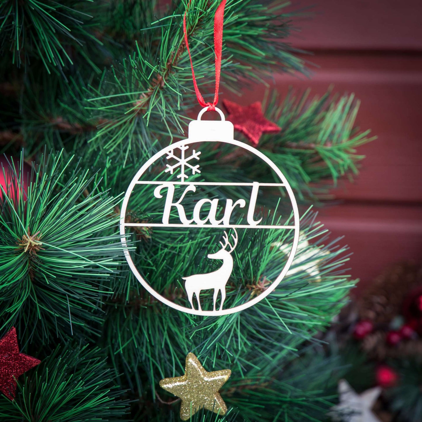 Personalisierte Weihnachtskugel Rentier-Schneeflocke
