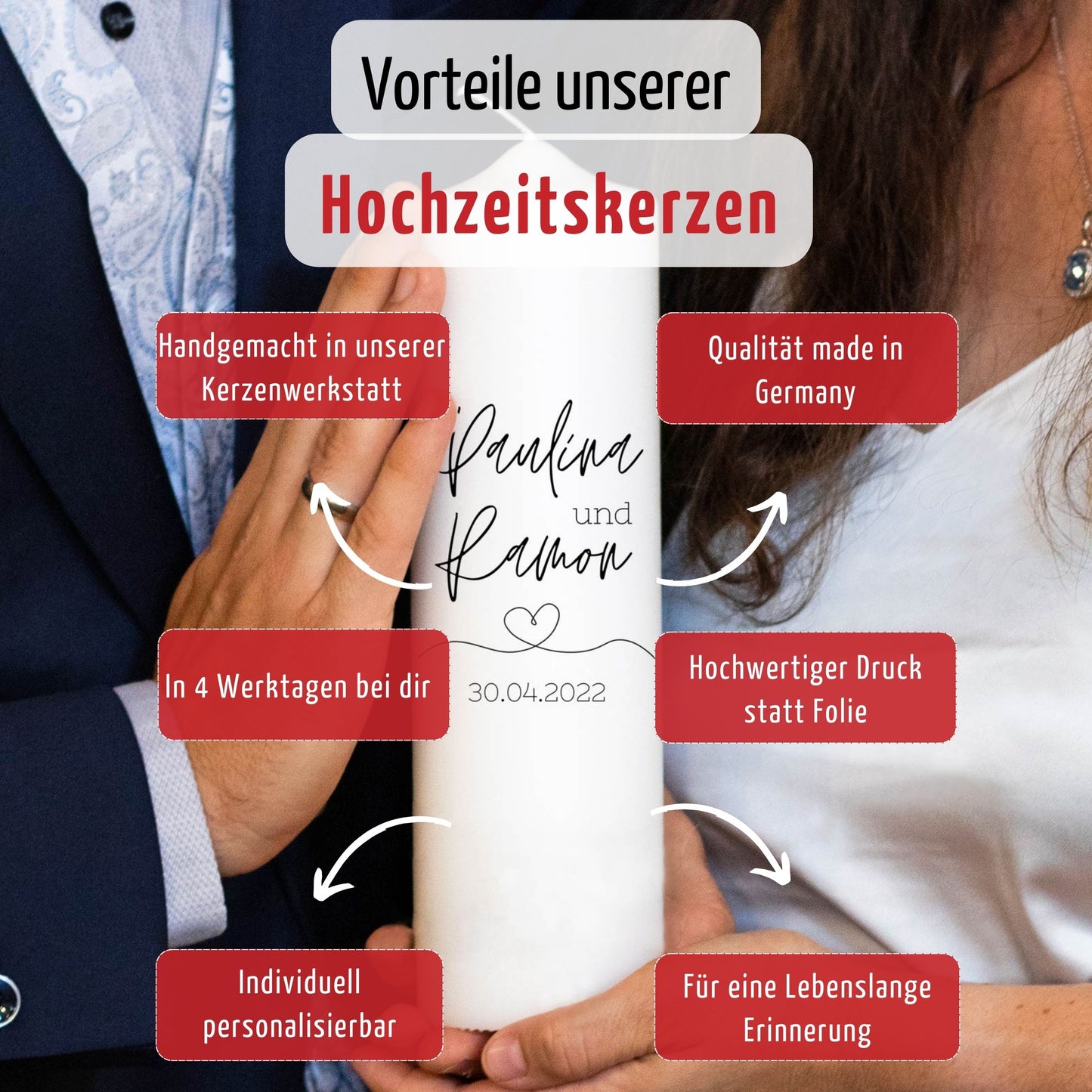 Hochzeitskerze | Monochrom | 15 - 30 cm Höhe | Traukerze | Personalisierte Kerze