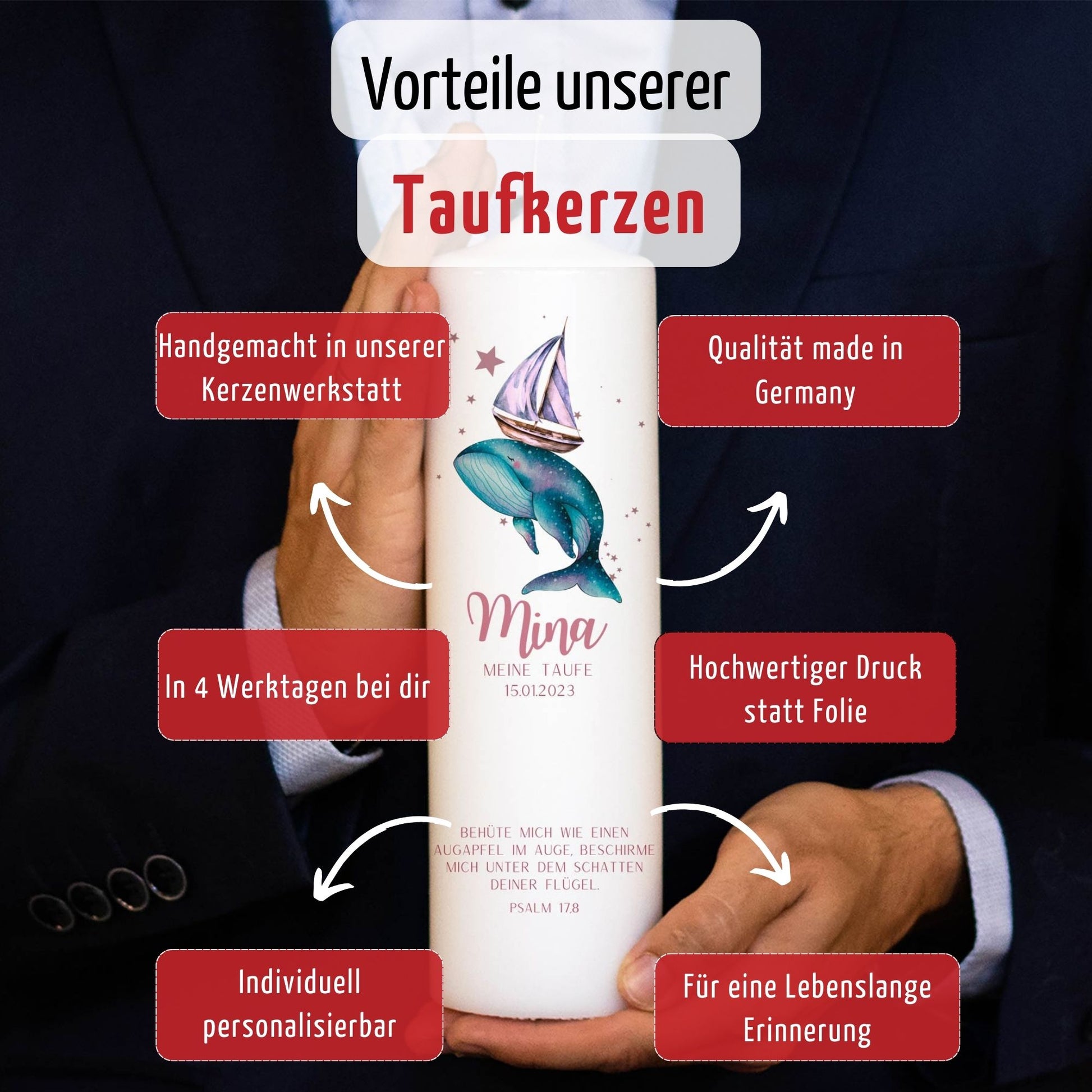 Taufkerze | Boot Galaxy | 15-30 cm Höhe | Personalisierte Kerze | Katholisch | Evangelisch