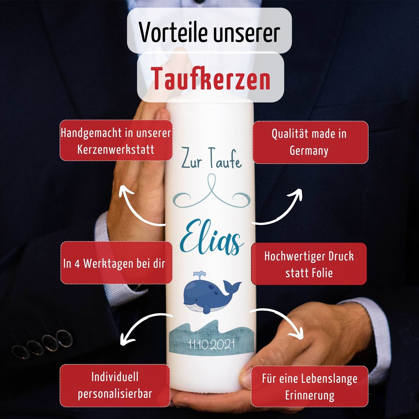 Taufkerze | Wal | 15-30cm Höhe | Personalisiert