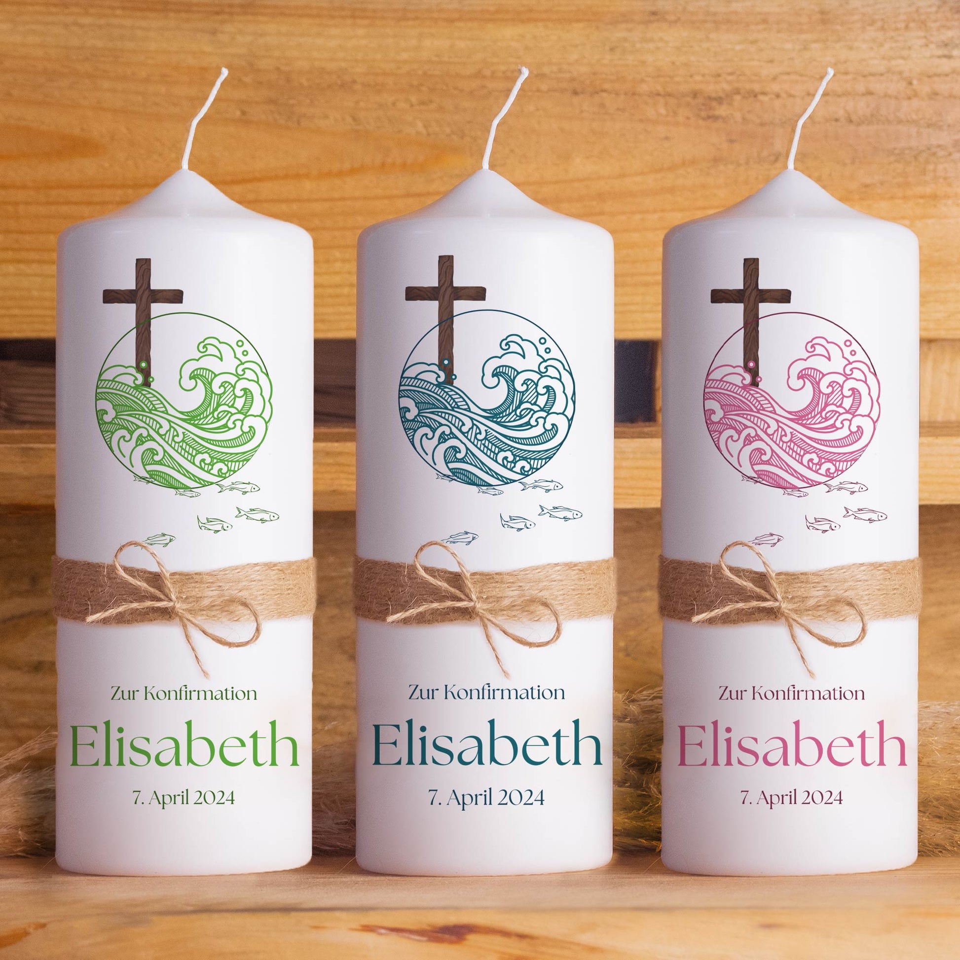 Konfirmationskerze "Welle" – Personalisierte Kerze zur Konfirmation mit Name & Datum | Christliches Geschenk | Made in Germany | 15–40 cm