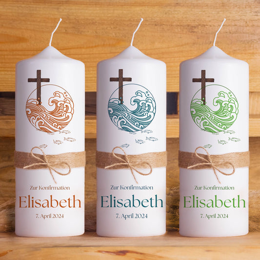 Konfirmationskerze "Welle" – Personalisierte Kerze zur Konfirmation mit Name & Datum | Christliches Geschenk | Made in Germany | 15–40 cm