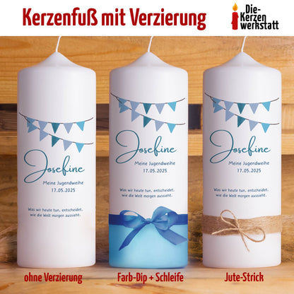 Jugendweihekerze "Wimpel" | Personalisierte Kerze mit Name & Datum | Geschenk zur Jugendweihe | Blau, Grün oder Rosa | 15–40 cm