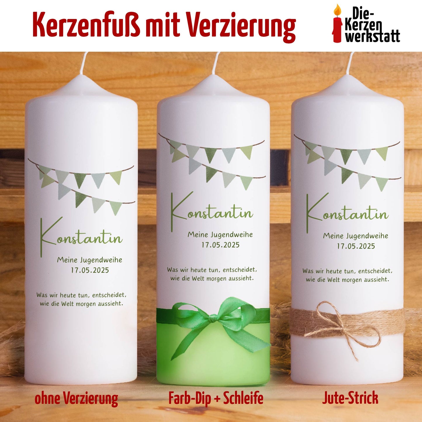 Jugendweihekerze "Wimpel" | Personalisierte Kerze mit Name & Datum | Geschenk zur Jugendweihe | Blau, Grün oder Rosa | 15–40 cm