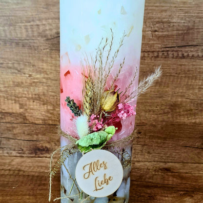XXL Kerze mit Trockenblumen & Gravuranhänger | personalisierbar | Geschenk zur Hochzeit, Taufe oder Geburtstag