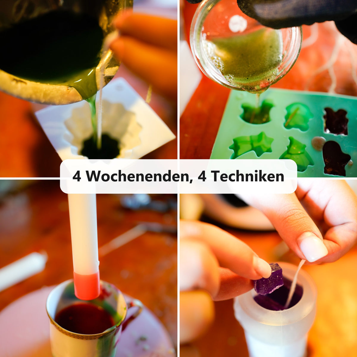 Basteln mit dem DIY Adventskalender: Wachs gießen, Seife in Weihnachtsformen gießen, Stabkerze tauchen, Farbwürfel in die Form legen