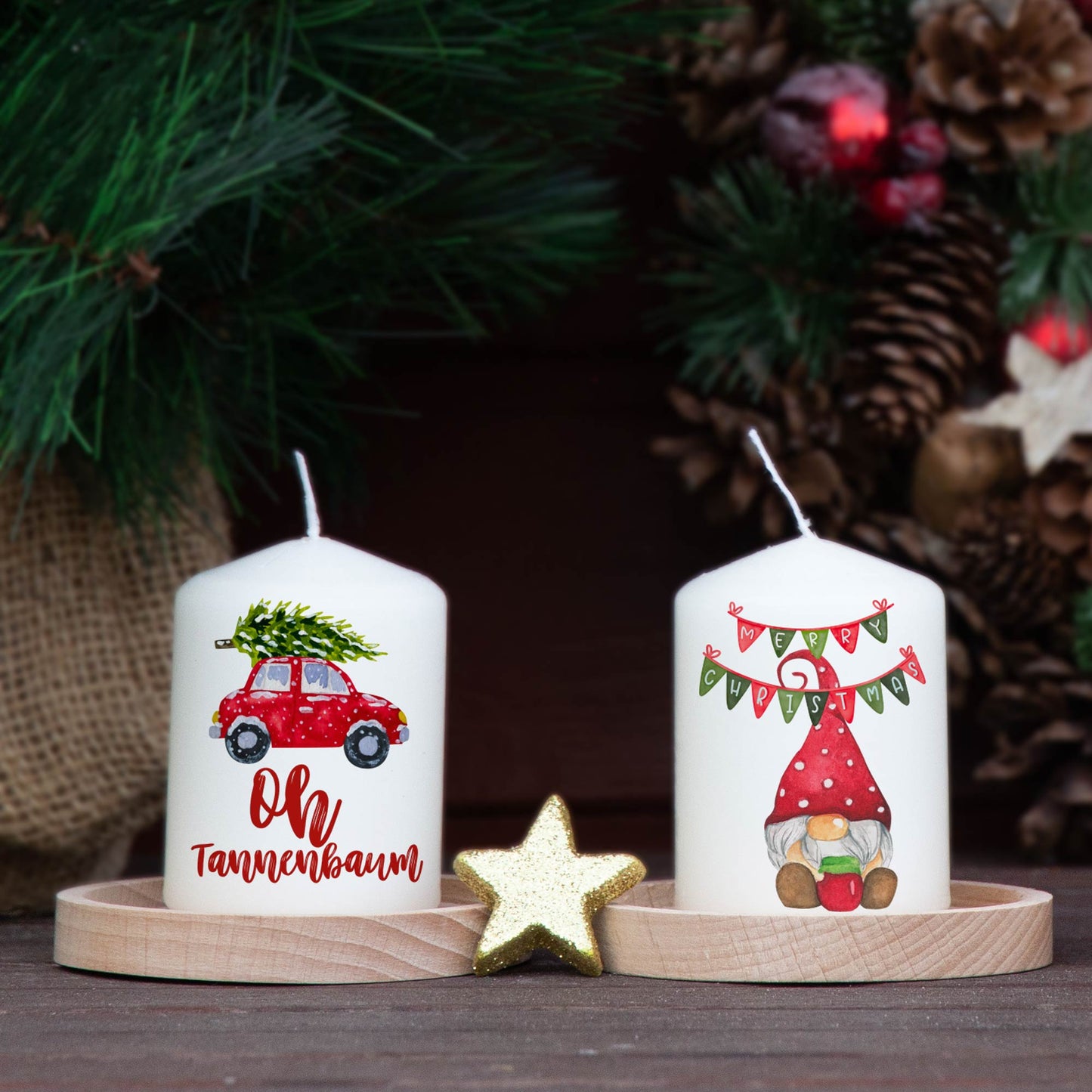Adventskranzkerzen Wichtel & Winterzauber – Detail mit weihnachtlichen Illustrationen