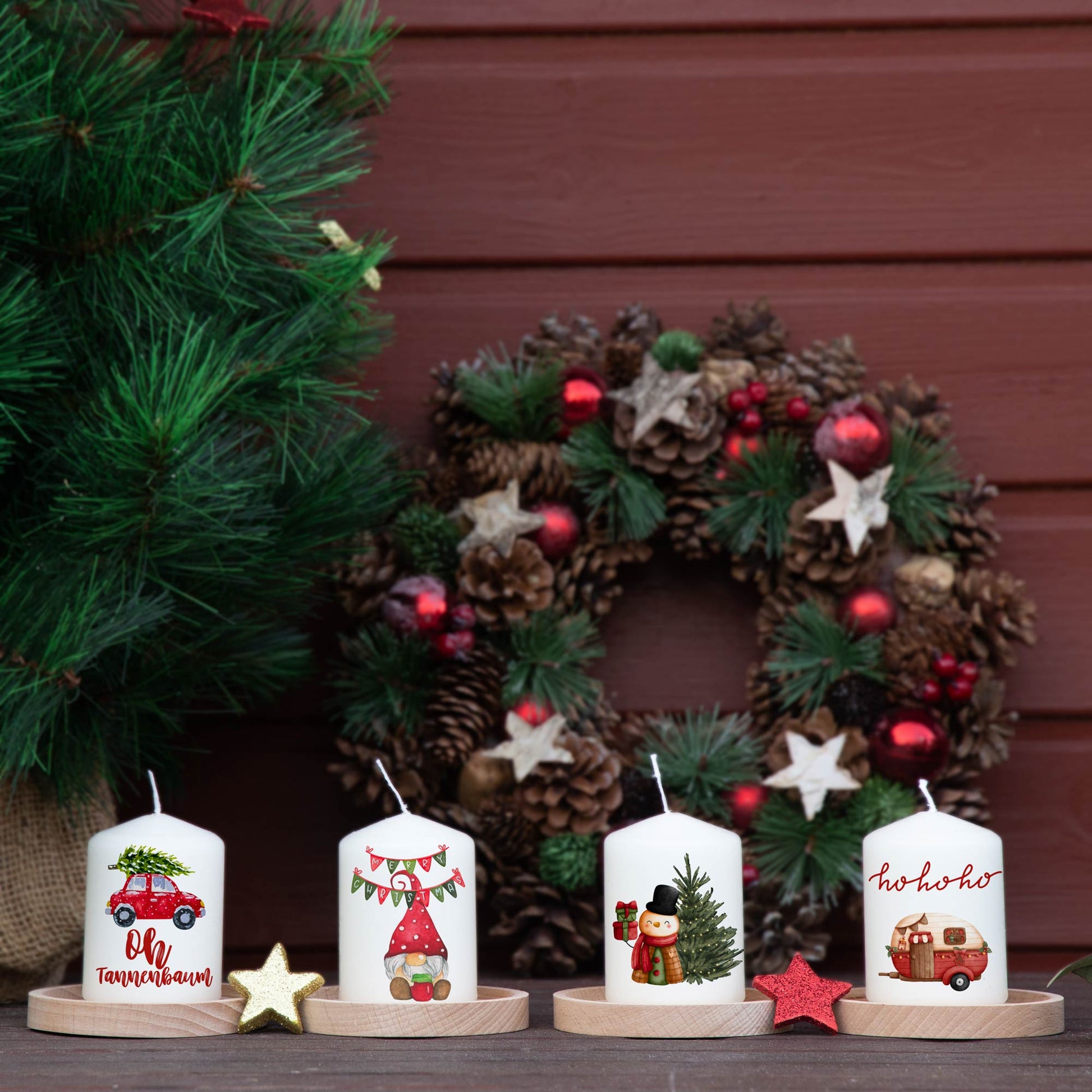 Adventskranzkerzen Wichtel & Winterzauber – 4er-Set mit Wichtel, Schneemann und Weihnachtsmotiven