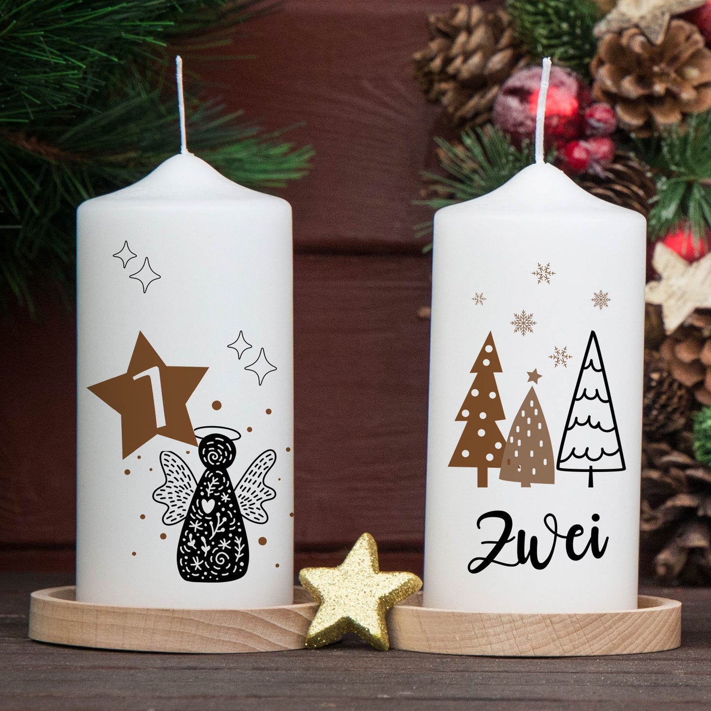 Adventskranzkerzen Zahlen 1 und 2 – Detailansicht der 15 cm Stumpenkerzen