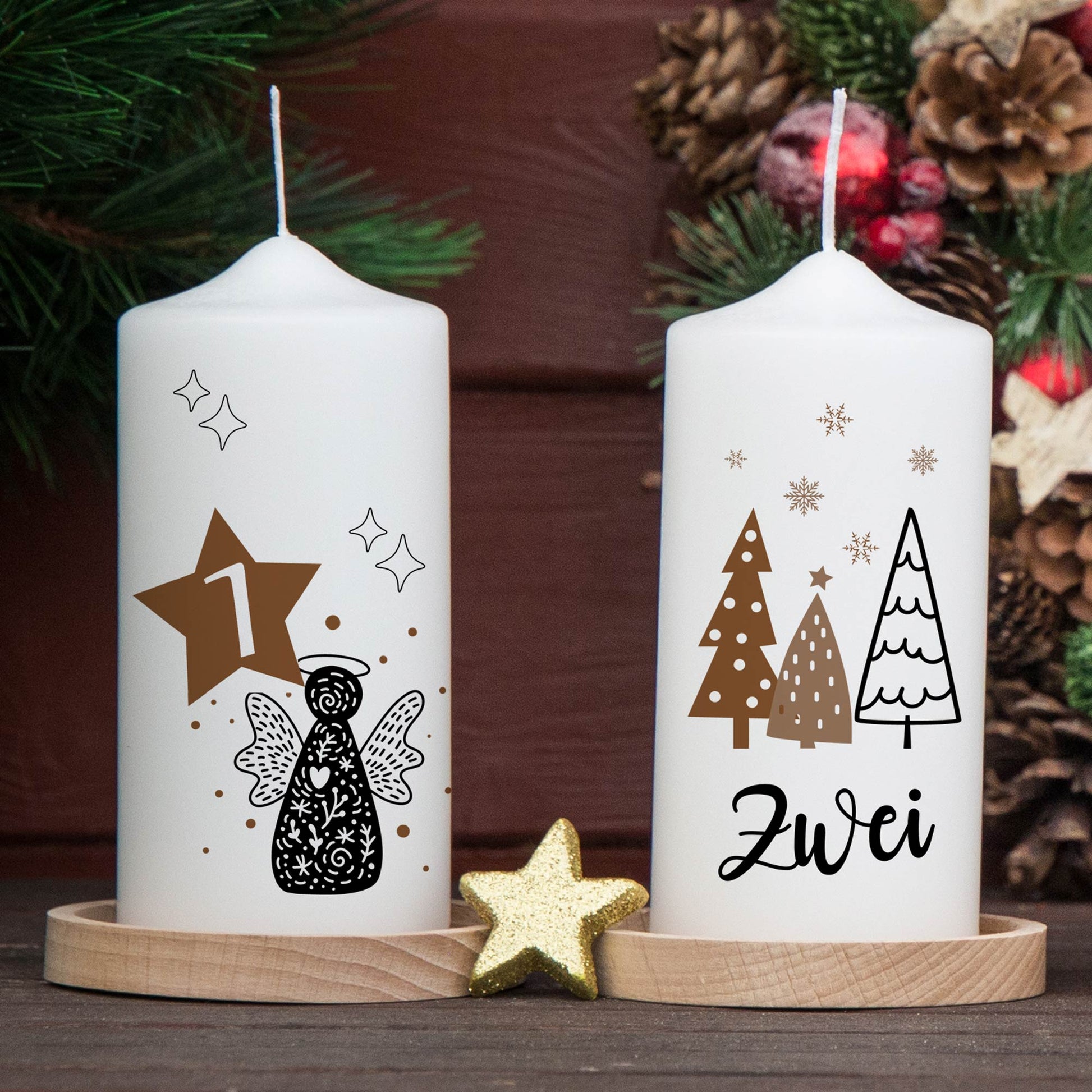 Adventskranzkerzen Zahlen 1 und 2 – Detailansicht der 15 cm Stumpenkerzen