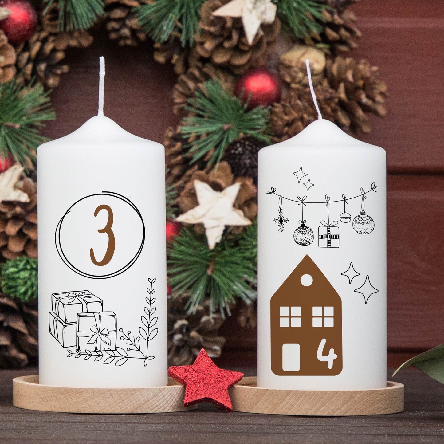 Adventskranzkerzen Zahlen 3 und 4 – Detailansicht der 15 cm Stumpenkerzen