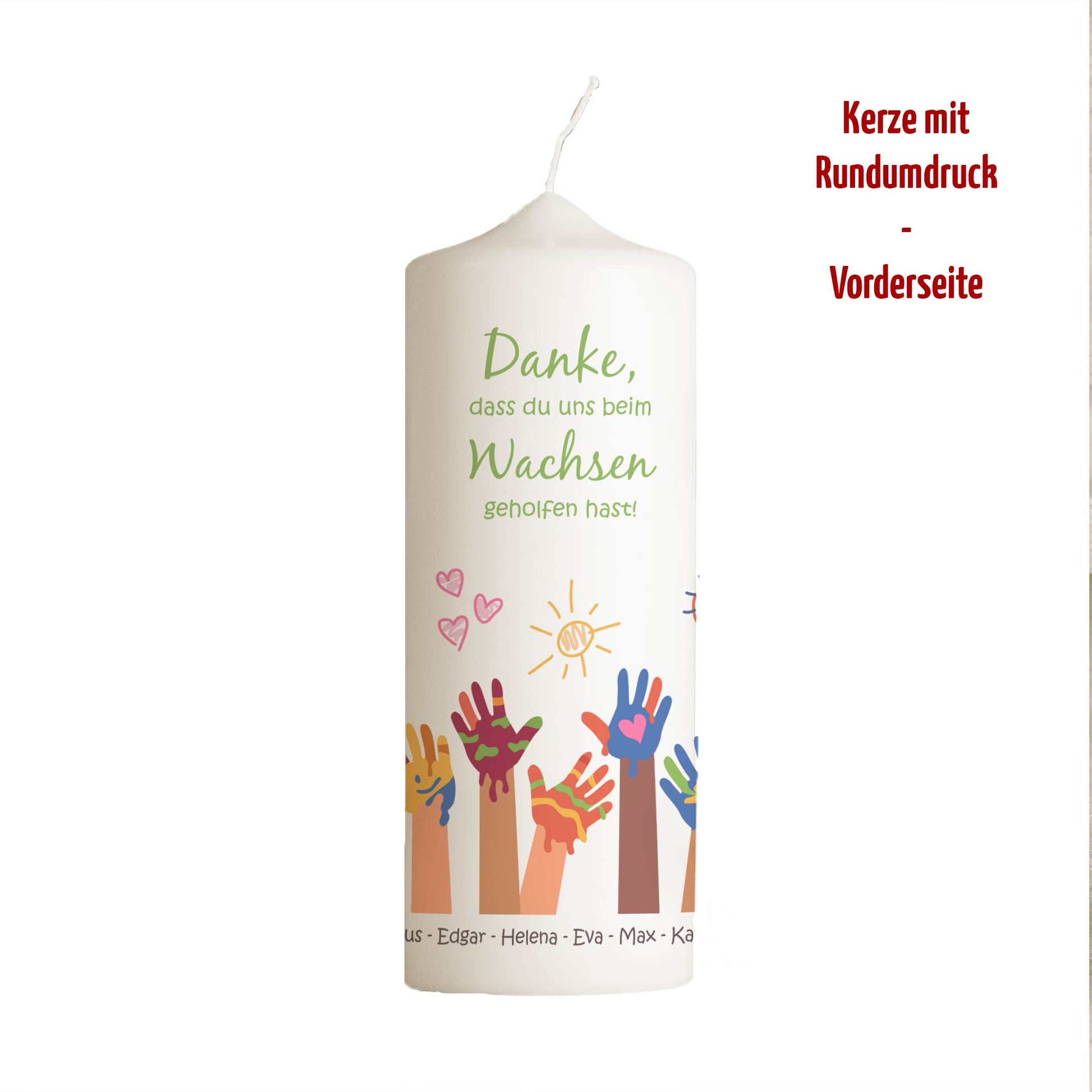 Kita Abschiedskerze „Bemalte Kinderhände“ | Personalisiert mit Namen | Geschenk Erzieherin | Rundumdruck | 15–30 cm
