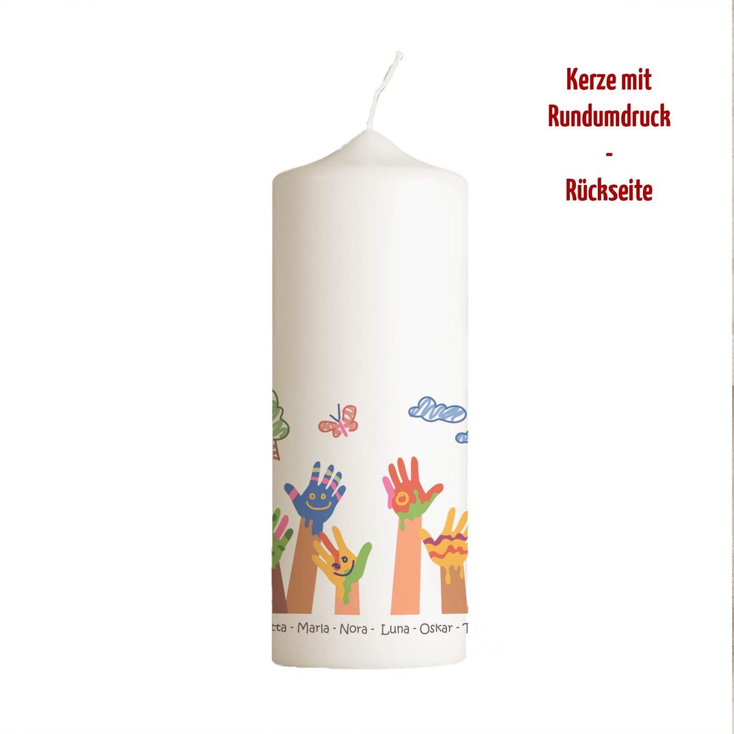 Kita Abschiedskerze „Bemalte Kinderhände“ | Personalisiert mit Namen | Geschenk Erzieherin | Rundumdruck | 15–30 cm