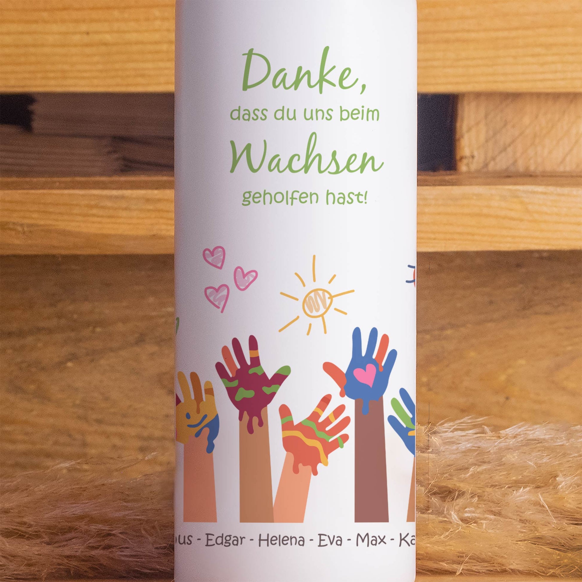 Kita Abschiedskerze „Bemalte Kinderhände“ | Personalisiert mit Namen | Geschenk Erzieherin | Rundumdruck | 15–30 cm