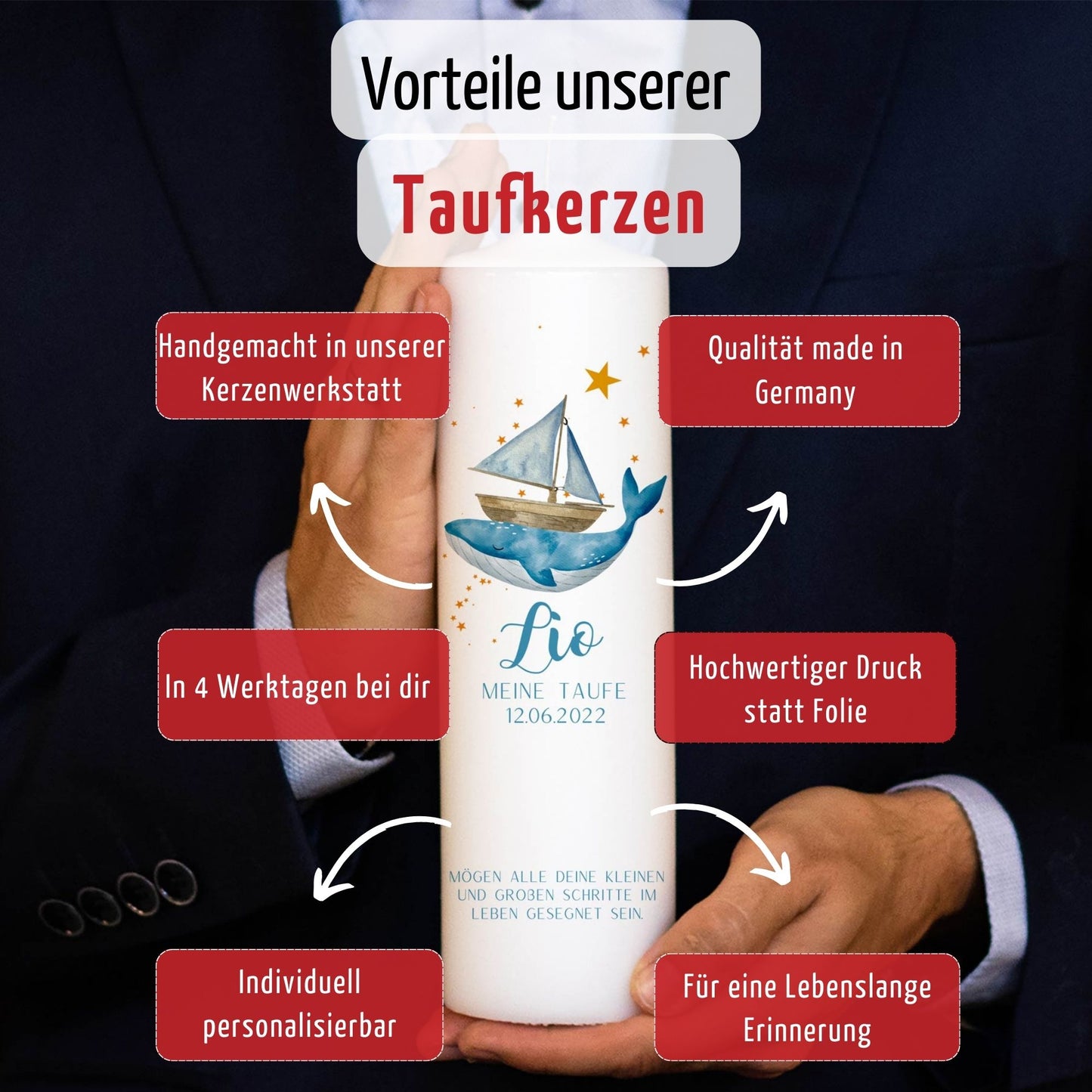 Taufkerze | Boot | 15-30 cm Höhe | Personalisiert | Taufe | Christlich | Katholisch | Wal