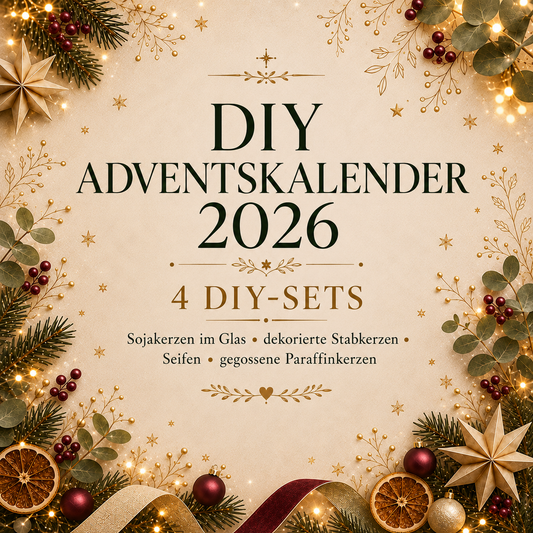 DIY Adventskalender 2026 mit 4 DIY-Sets: Sojakerzen, Stabkerzen, Seifen und Paraffinkerzen festlich dekoriert