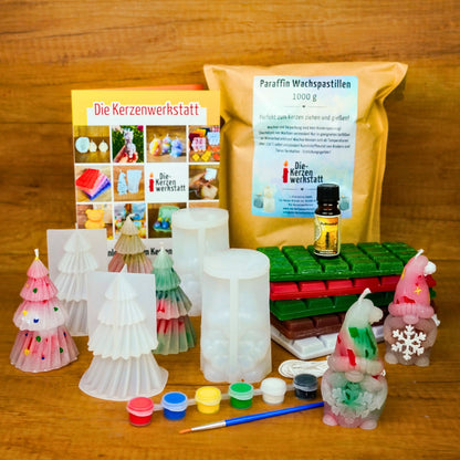 Set-Inhalt mit Paraffin Wachspastillen, Wachstafeln, Silikonformen, Fichtenduft und fertigen Wichtel- und Tannenbaumkerzen
