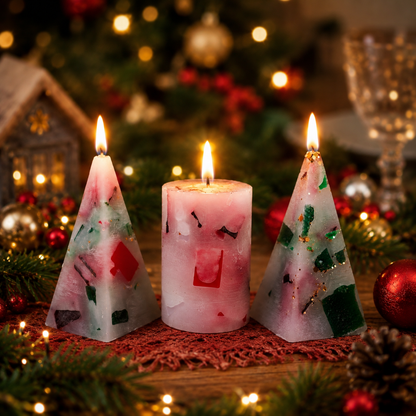 Drei selbst gegossene Weihnachtskerzen in Rot, Grün und Weiß mit Glitzer, brennend vor Tannenzweigen