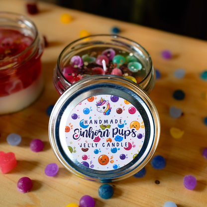 Deckel der Duftkerze Einhornpups mit farbigem Jelly-Candle-Etikett